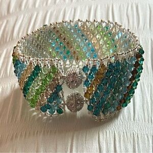Blue and Green Beaded Bracelet with Intricate Design